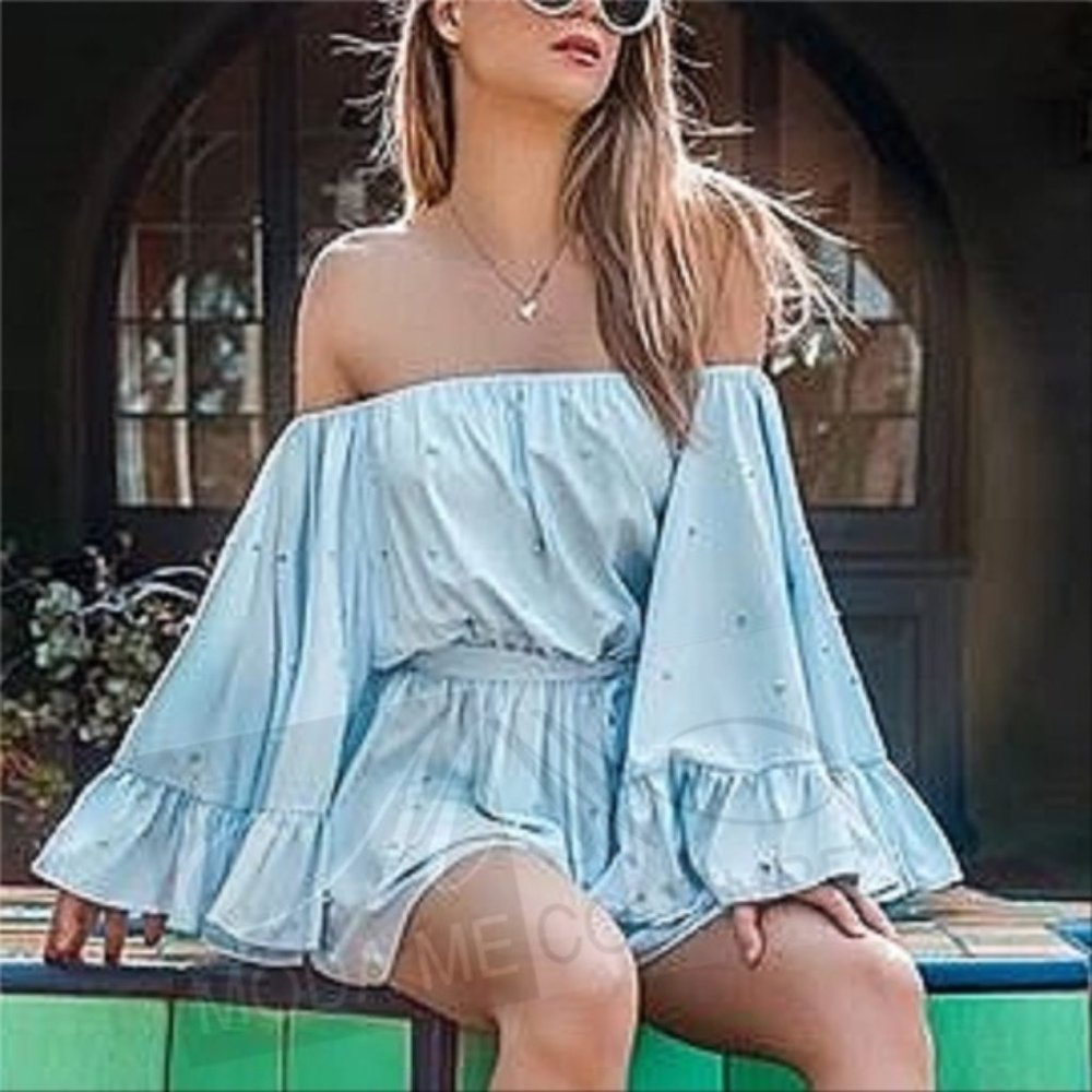 Blue Pearled Details Romper - Picture 2 of 3